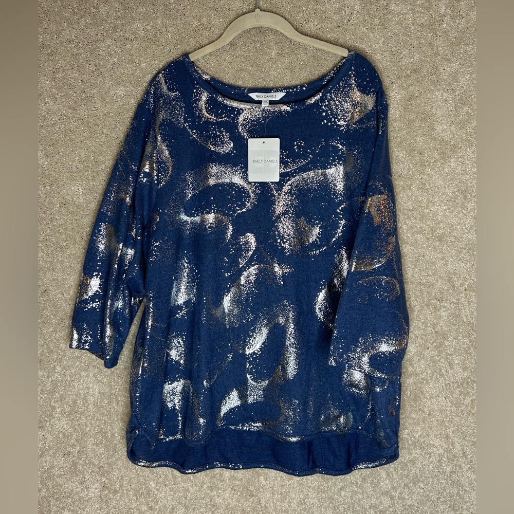 Emily daniels blue silver metallic print shirt woman’s 1x